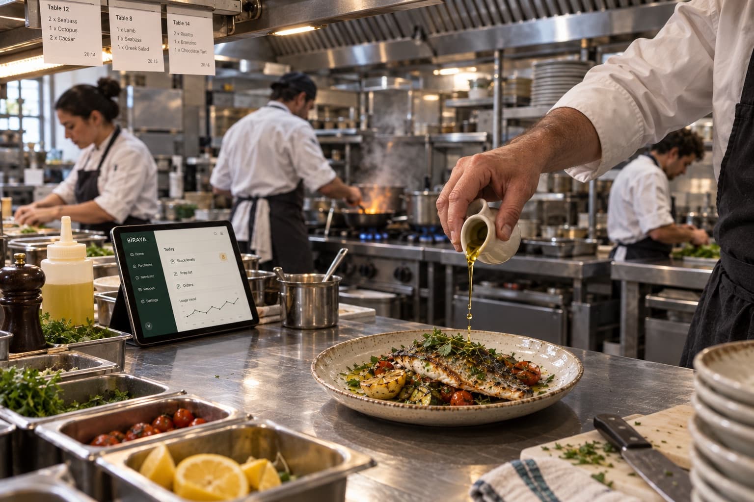 A chef drizzling olive oil over a plated dish, next to a tablet, with a team working in a professional kitchen